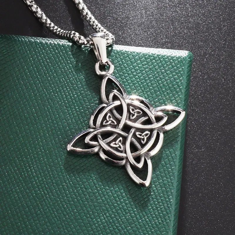 Metal Color: Blue Zinc Plated - Stainless Steel Silver Color Pattern Witch Knot Pendant Necklace Celtic Knot Lucky Jewelry Gift for Friends Family