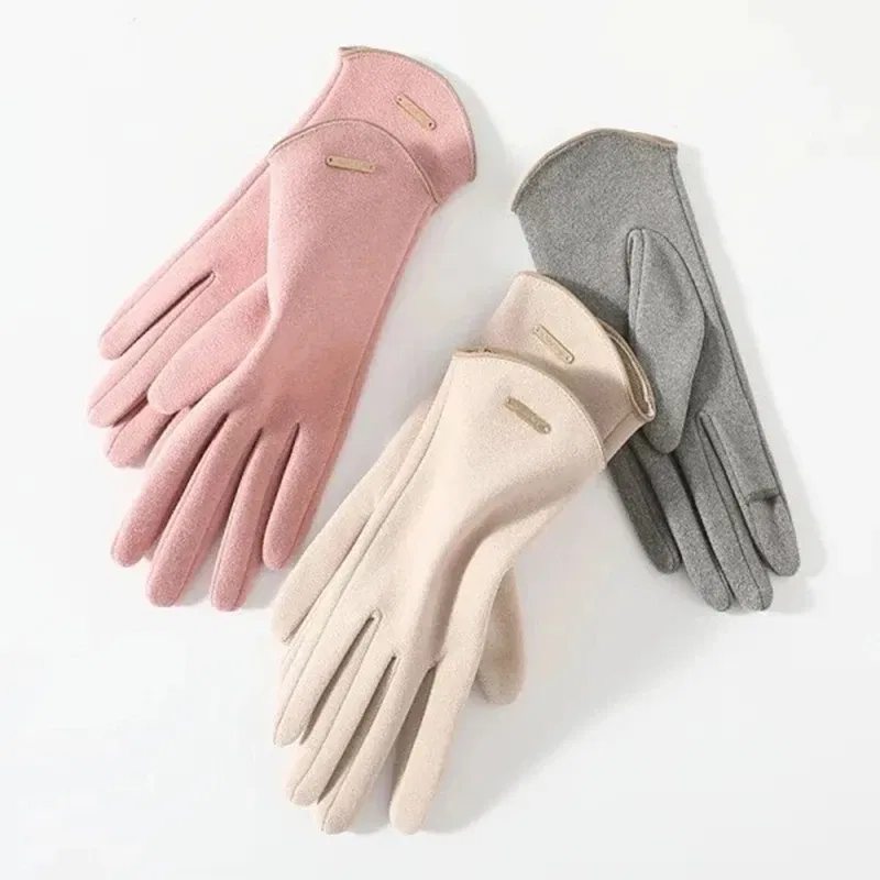 Color: green, Gloves Size: One Size - Women Autumn Winter Keep Warm Touch Screen Thin Solid Simple Gloves Cycling Drive Suede Fabric Elegant Windproof