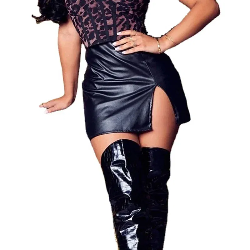 Color: Blue, Size: M - S M L XL XXL Women's Skirt High Waist Split Leather Skirt Wrap Hip Skirt Plus Size Pencil Skirt