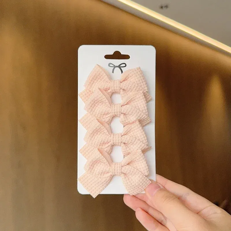 Color: Light Khaki - 4PCS Soft Cotton Bow Hairpin Girl Sweet Plaid Design Hairpin Color Block Delicate Hairgripe Barrettes Kawaii Child Accessories