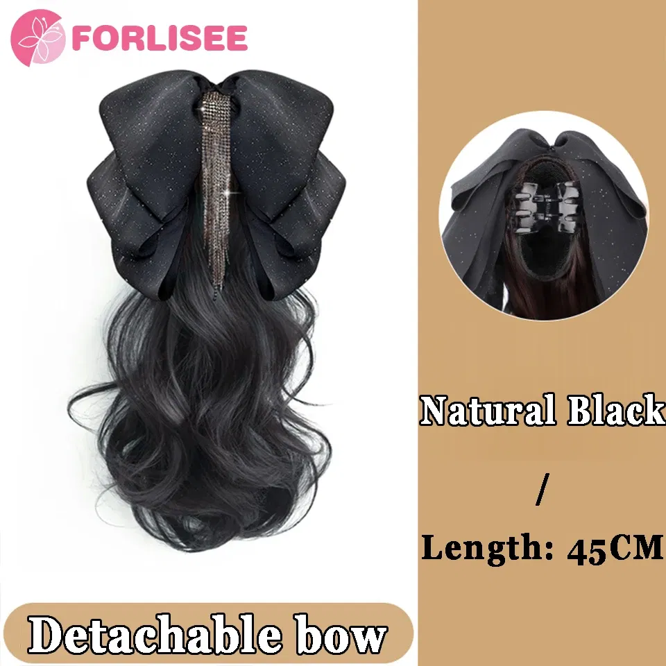 Color: 1B/27HL - Synthetic Tassel Bow Claw Clip Ponytail Temperament Slightly Curly Hair Natural Heat-resistant Chemical Fiber Wig Ponytail