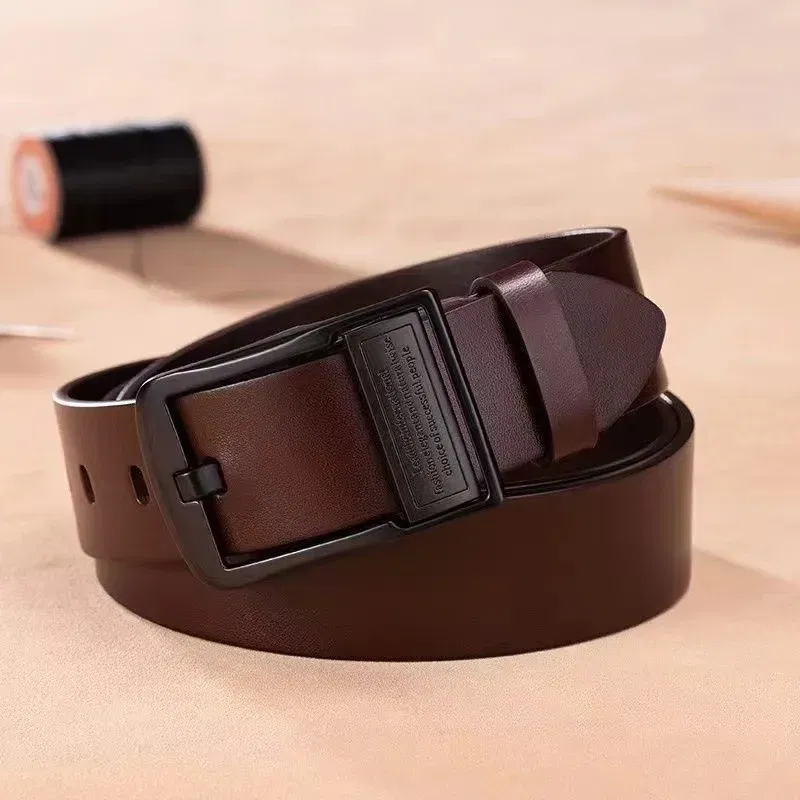 Color: green, Belt Length: 110cm - New Leather Cowhide Men's Belt Fashion Metal Alloy Pin Buckle Adult Luxury Brand Jeans Business Casual Waist Male Strap Brand