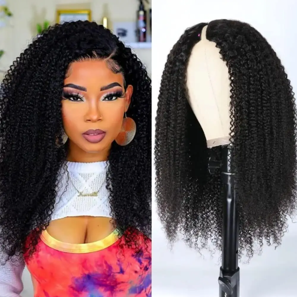 Hair Color: Natural Color, Stretched Length: 10inches, Density: 180% - Afro Kinky Curly V Part Human Hair Wigs No Leave Out Natural Black Machine Made Upgrade U Part Curly Wigs Indian Hair For Women
