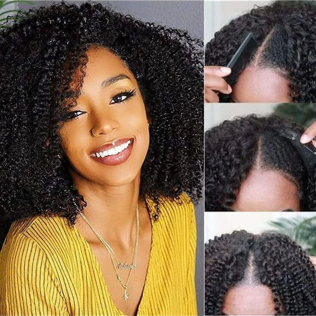 Hair Color: Natural Color, Stretched Length: 10inches, Density: 180% - Afro Kinky Curly V Part Human Hair Wigs No Leave Out Natural Black Machine Made Upgrade U Part Curly Wigs Indian Hair For Women