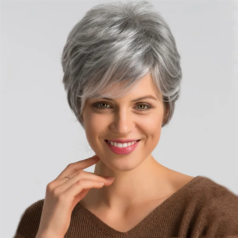 Color: light pink - New wig female grandma grey fashion short curly hair synthetic high temperature silk woven head cover
