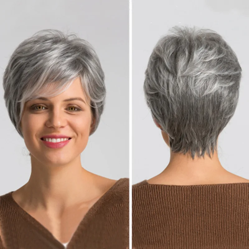 Color: light pink - New wig female grandma grey fashion short curly hair synthetic high temperature silk woven head cover