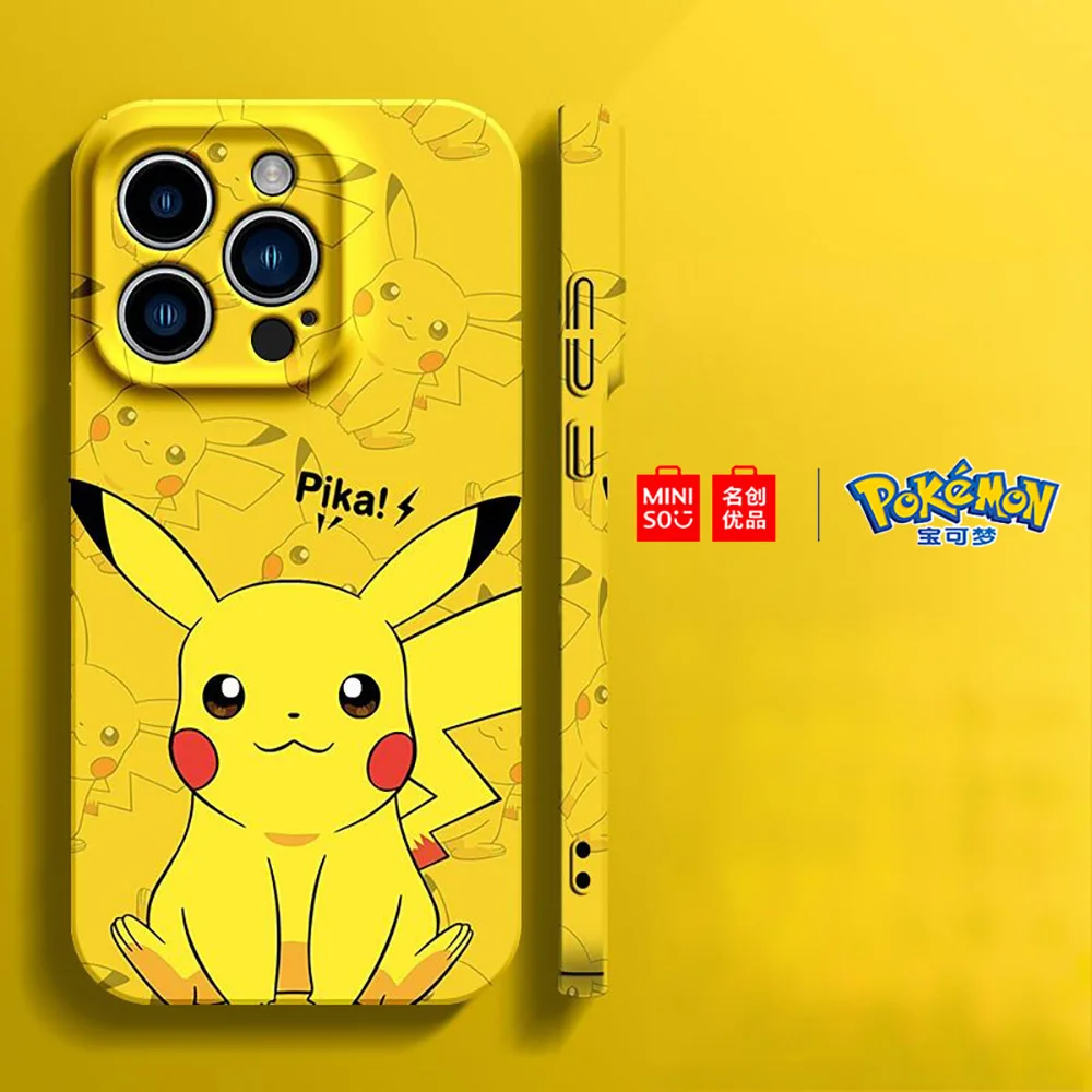 Color: Beige, Material: POLYESTER - Miniso Pokemon Collaboration Pikachu Gengar Phone Case For iPhone 15 14 13 11 12 16 Pro Max Plus X XR Girl Silicone Phone Case