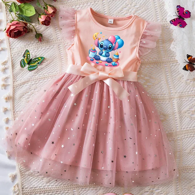 Color: Blue, Kid Size: 4T - Lilo Stitch Girls Sequin Tutu Dress with Bow Flutter Sleeves Summer Princess Party Outfit for Toddler Kids 2-6 Years