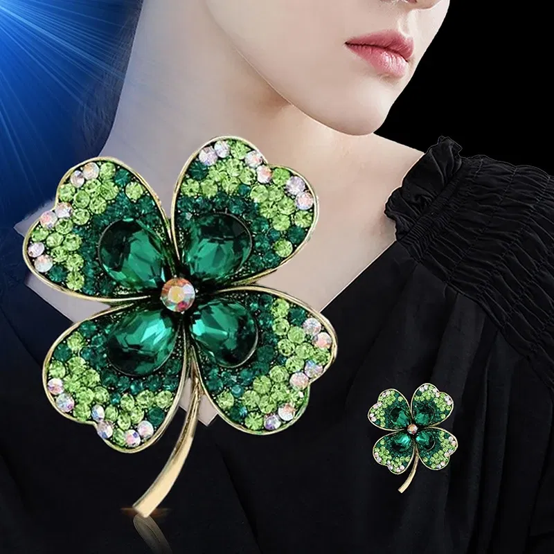 Metal color: Rhodium Plated - Korean Style High-End Crystal Glass Fashion Brooch Alloy Four-Leaf Clover Pin Clothing Accessories Brooch Women