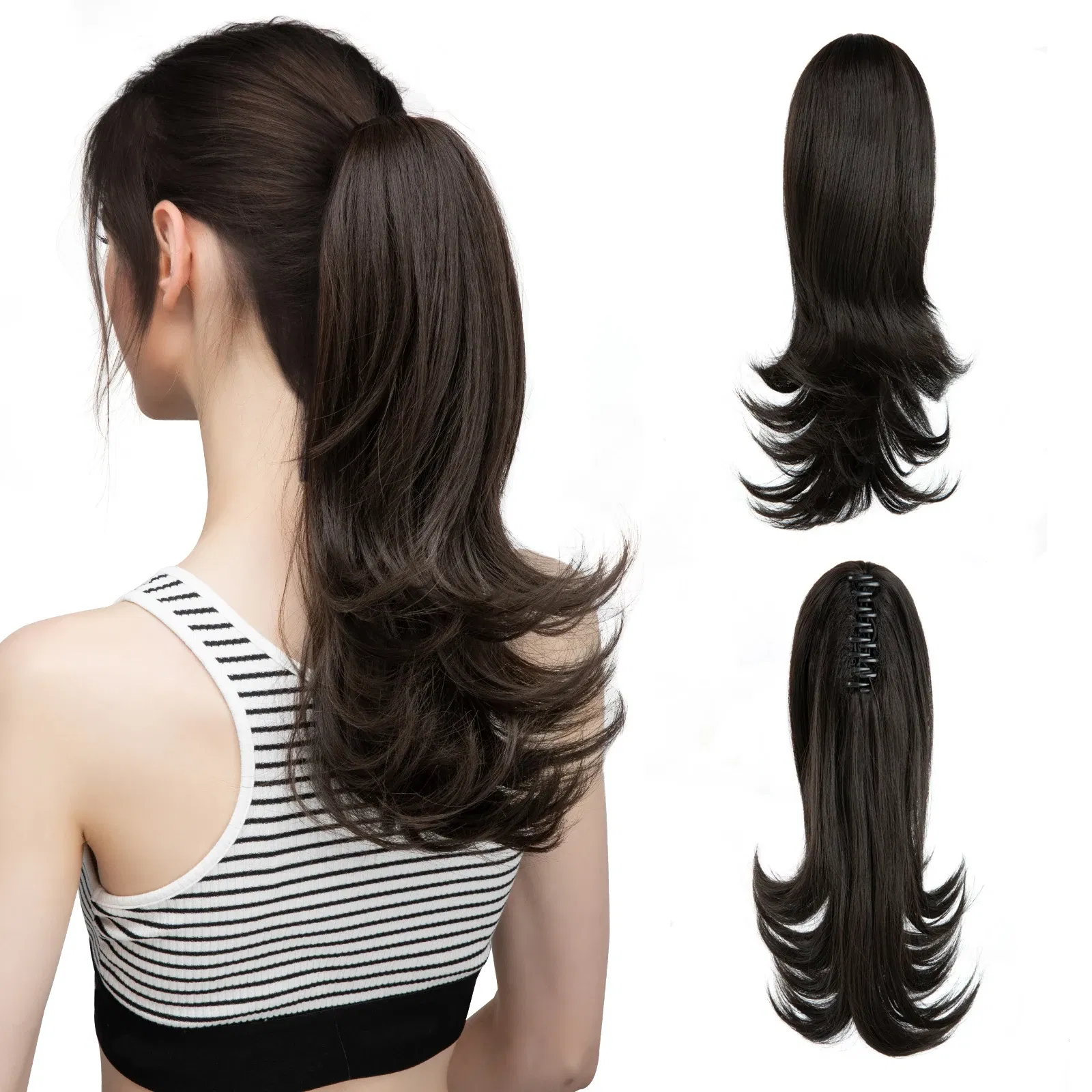 Color: P1B/27, Stretched Length: 14inches - Synthetic Claw Clip In Ponytail Hair Extensions 14 Inch Wavy Hairpiece Fake Blonde Black Hair False Pigtail With Elastic Band