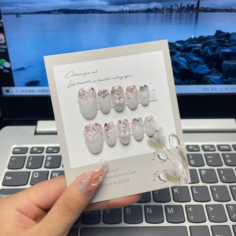 Color: GRAY - 10 pcs Luxury Handmade Press on Nails Middle Ellipse Clean Lines Design False Nails with 4-PIECE Tool Adhesive Nail Glue Tabs