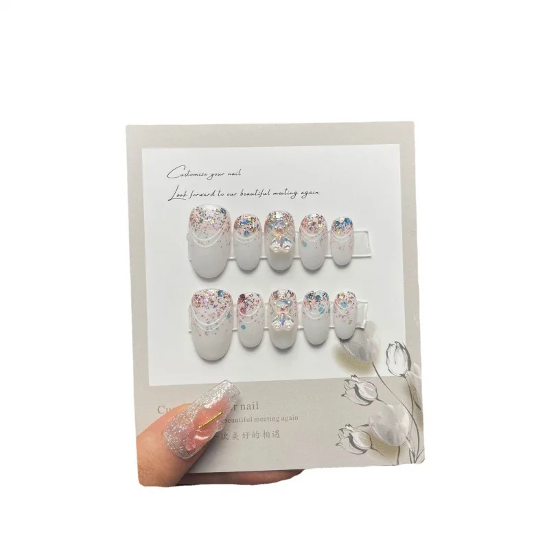Color: GRAY - 10 pcs Luxury Handmade Press on Nails Middle Ellipse Clean Lines Design False Nails with 4-PIECE Tool Adhesive Nail Glue Tabs