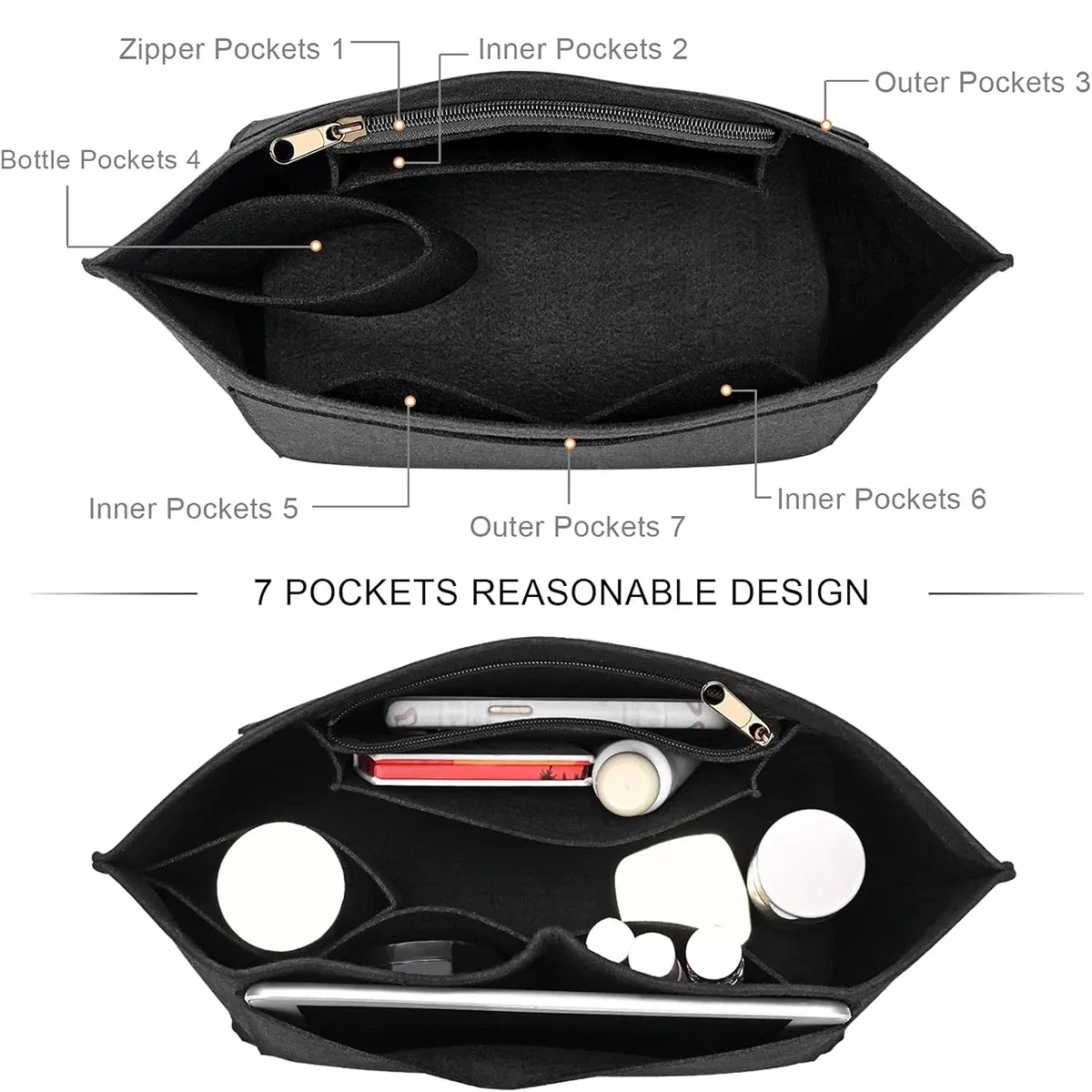 Color: Rose Gold - Felt Purse Organizer Insert for Longchamp Le Pliage S/ML Handbag Insert
