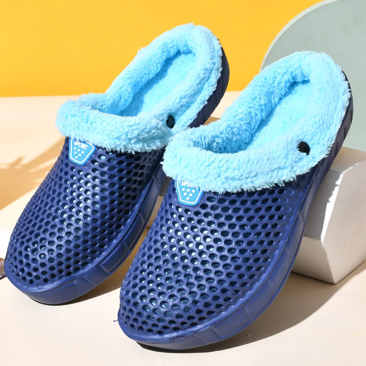 Color: Blue, Shoe Size: 43 - Couple Style Men's and Women's Cotton Slippers Winter Warm Plus Velvet Thickened Clogs Mule Shoes