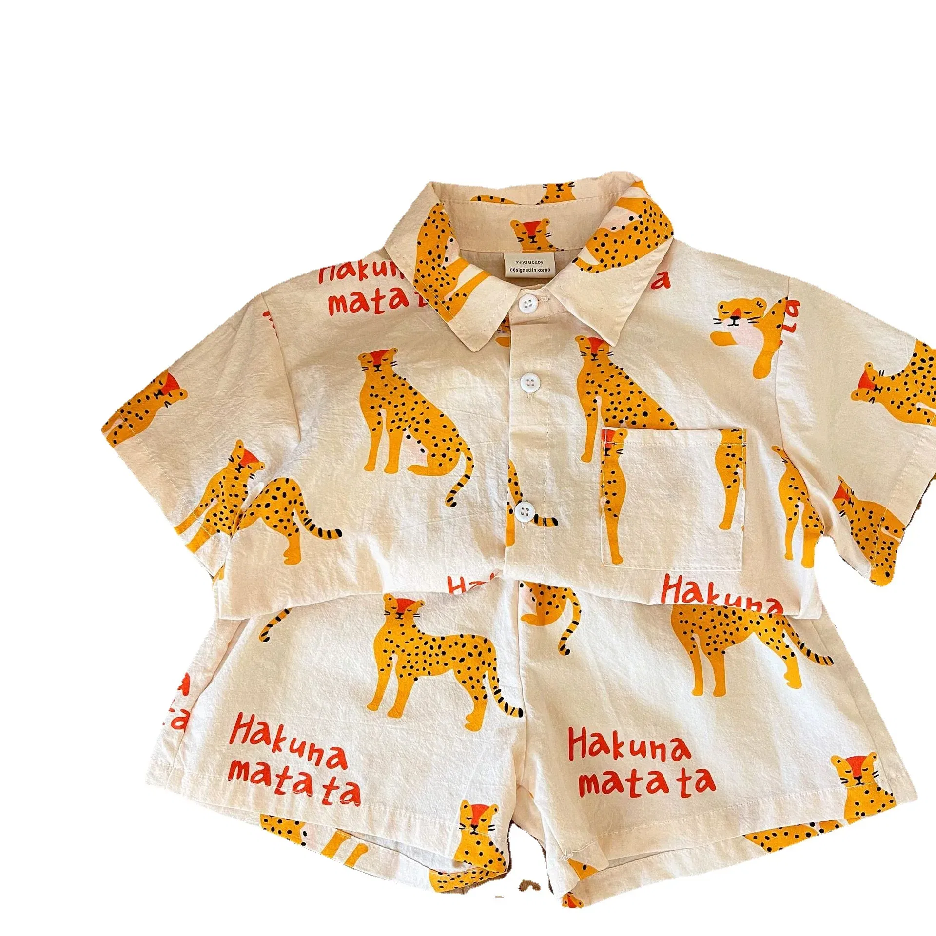 Color: Beige, Kid Size: 3T - 1-5 Years Old Children's Clothing Boys Cartoon Summer Short Sleeve Suit Girls Casual T-shirt Suit