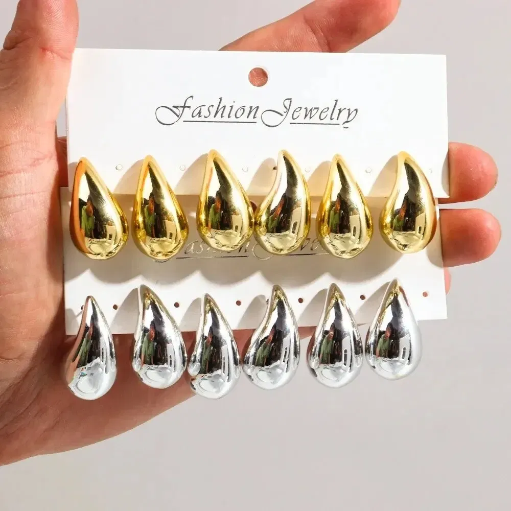 Metal Color: cubic zirconia - 3 Pair/Set Chunky Gold Plated Waterdrop Hoop Earrings for Women Smooth Multicolour Acrylic Tear Drop Earring Lightweight Jewelry