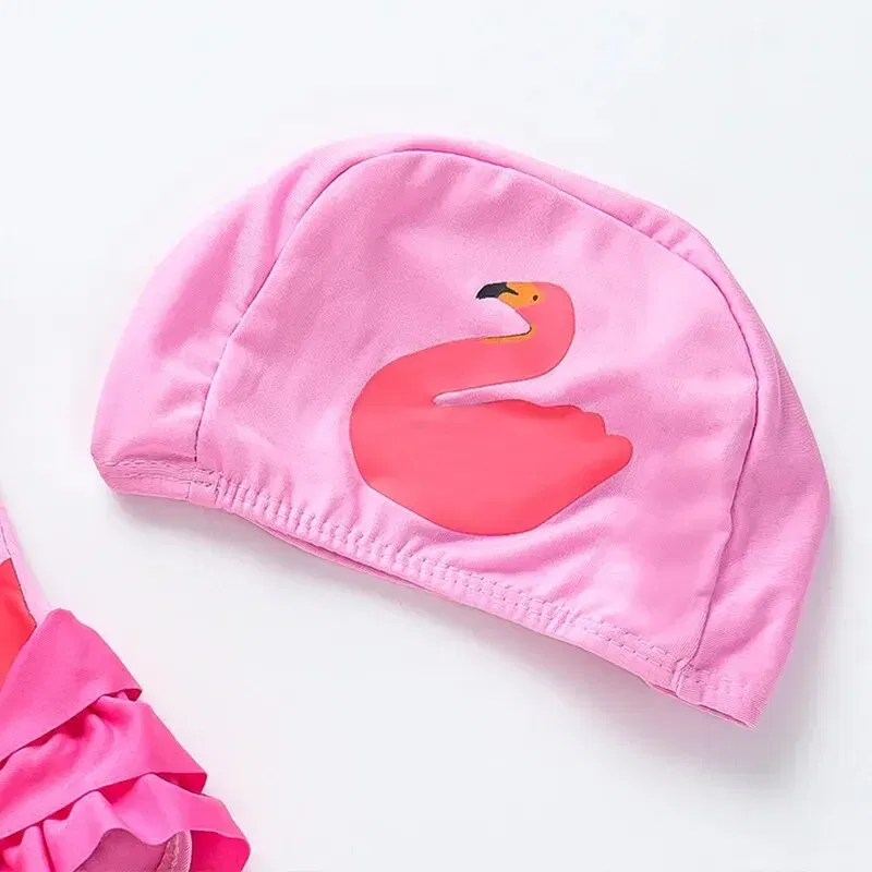 Size: S, Color: Black - Summer Girls Swimsuit Children Korean Cartoon One-piece Children Hot Spring Triangle Set With Swimming Cap