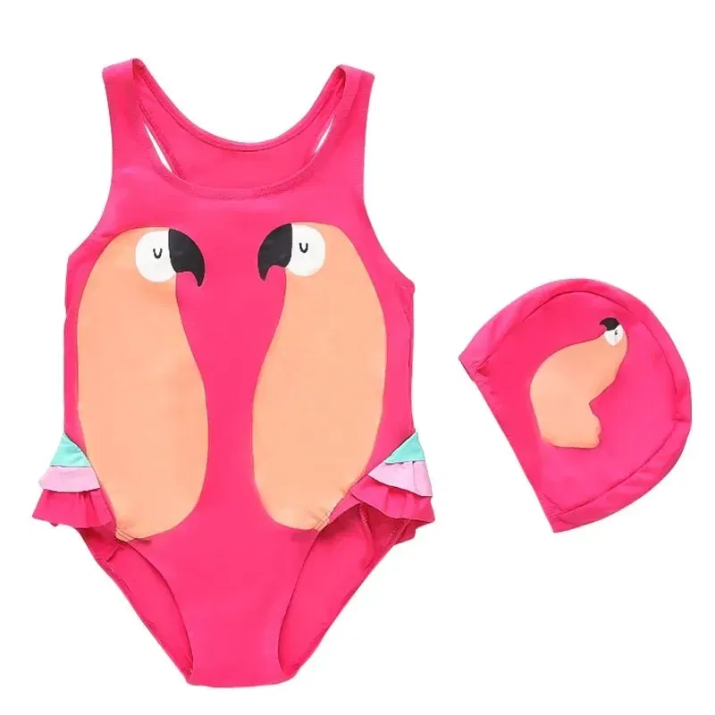Size: S, Color: Black - Summer Girls Swimsuit Children Korean Cartoon One-piece Children Hot Spring Triangle Set With Swimming Cap