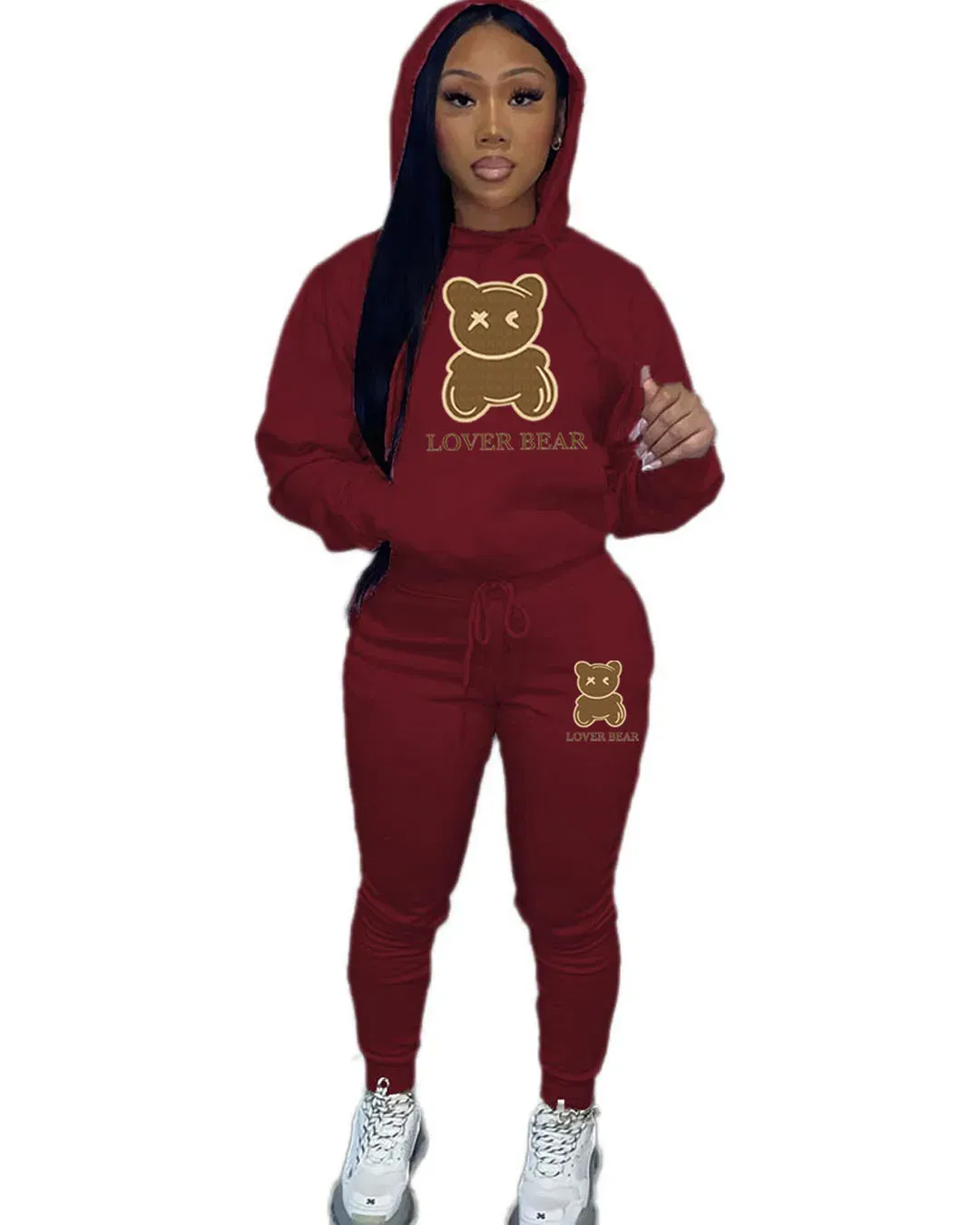 Color: Claret, Size: XL - 2 Piece Set Women Outfit Letter Bear Print Hooded Neck Hoodies Sweatshirt Pants Tracksuit 2024 Plus Size Streetwear Casual Suit
