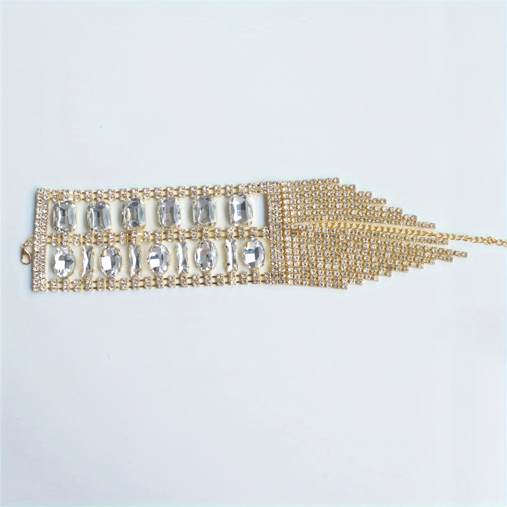 Metal Color: Gold-color - 1pc Exquisite Sparkling Tassel Crystal Bracelet Jewelry Personalized Sparkling Nightclub Party Rhinestone Ball Party Accessories