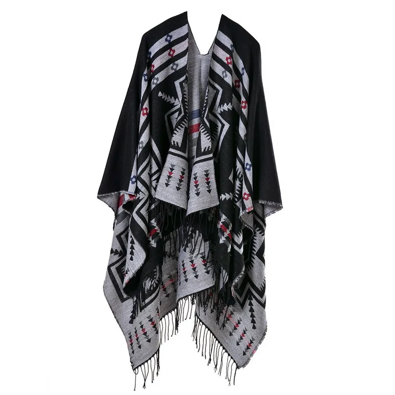 Color: MULTI, Size: One Size, Ships From: CHINA - European American Popular Tassel Thickened Cashmere Like National Style Travel Fork Shawl Scarf in autumn Ponchos Capes