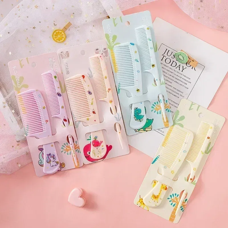 Color: green - 2pcs/set Children Comb Cute Cartoon Anti-static Hair Dressing Curly Portable Travel for Kids Girls Students Comb Hair Care Comb