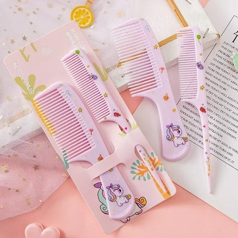Color: green - 2pcs/set Children Comb Cute Cartoon Anti-static Hair Dressing Curly Portable Travel for Kids Girls Students Comb Hair Care Comb