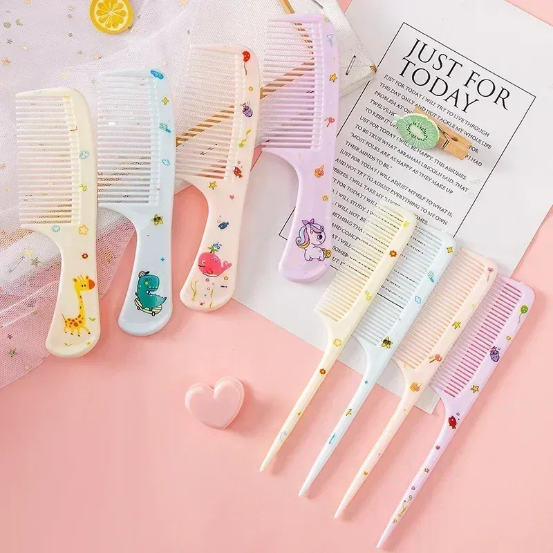 Color: green - 2pcs/set Children Comb Cute Cartoon Anti-static Hair Dressing Curly Portable Travel for Kids Girls Students Comb Hair Care Comb