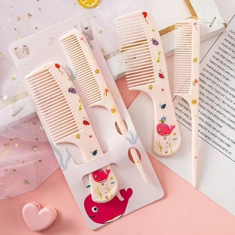 Color: green - 2pcs/set Children Comb Cute Cartoon Anti-static Hair Dressing Curly Portable Travel for Kids Girls Students Comb Hair Care Comb