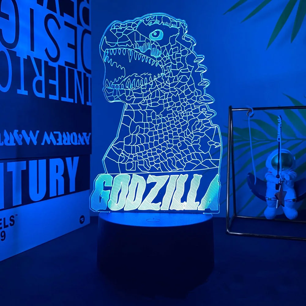 Color: WHITE, Emitting Color: Navy Blue - Hot Toys Godzilla 3D Acrylic Night Light 16 Colors Dimmable USB Desk Lamp Birthday Gift for Boys and Girls Christmas Gift