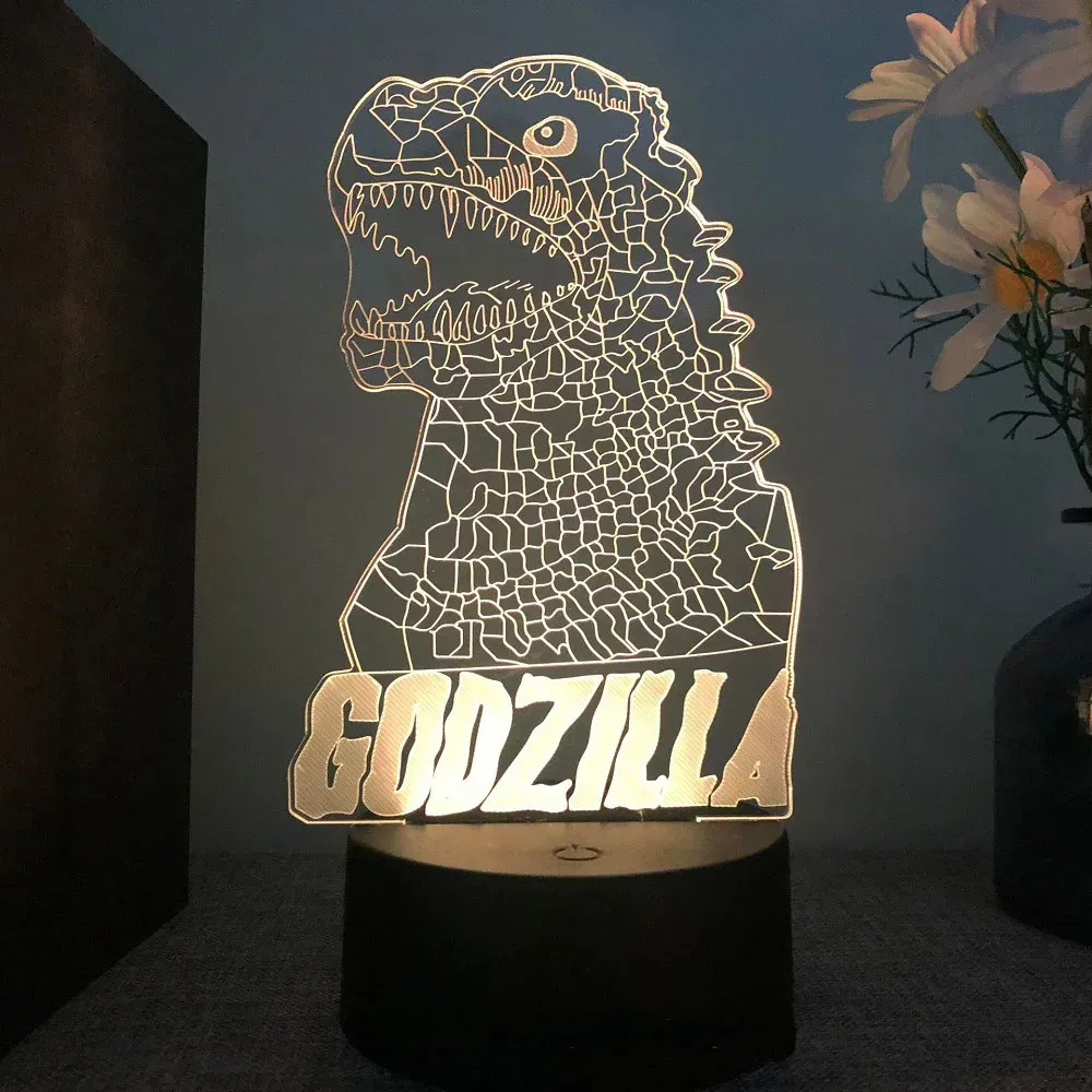 Color: WHITE, Emitting Color: Navy Blue - Hot Toys Godzilla 3D Acrylic Night Light 16 Colors Dimmable USB Desk Lamp Birthday Gift for Boys and Girls Christmas Gift
