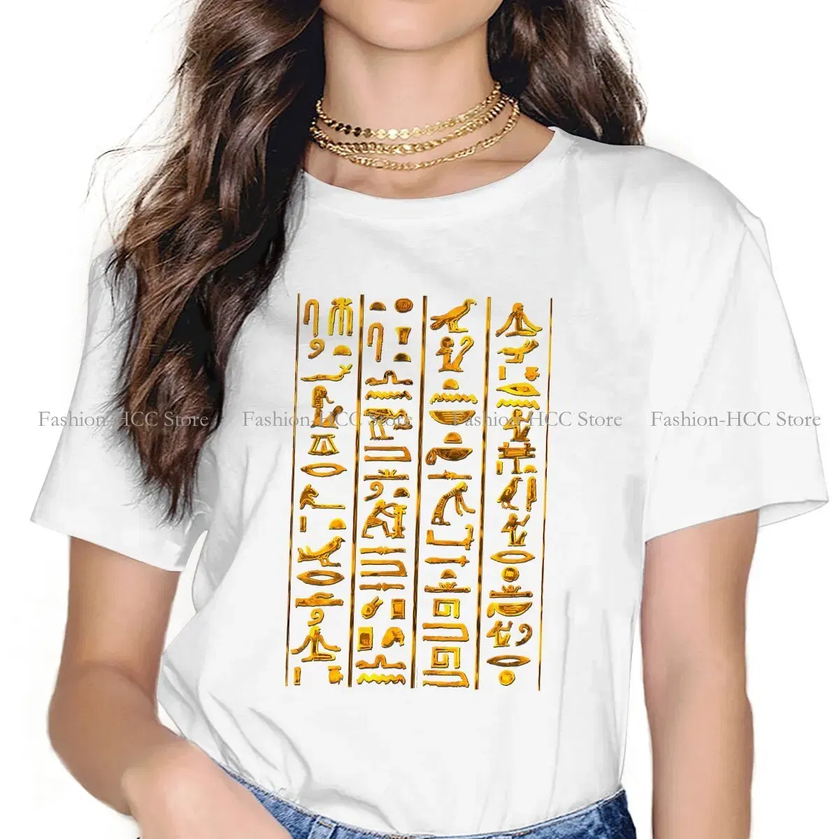 Color: black, Size: XXXL - Ancient Egypt Culture Polyester TShirts Hieroglyphs Gold On Black Distinctive Women's T Shirt Funny Tops