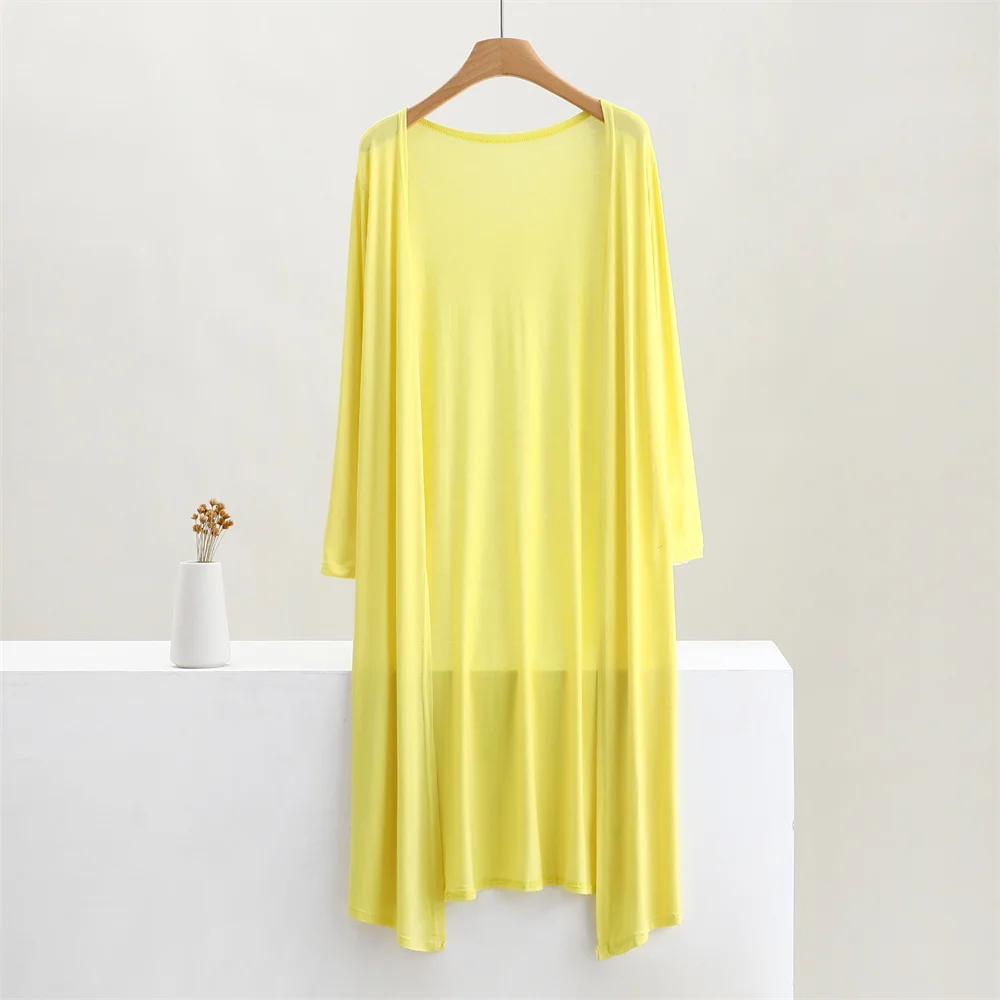 Color: Yellow, Size: One Size - Summer Autumn 12 Colors Women Modal Long Cardigan Female Cotton Sweater Cardigans Long Sleeve Women Casual Coat Ladies Outerwear