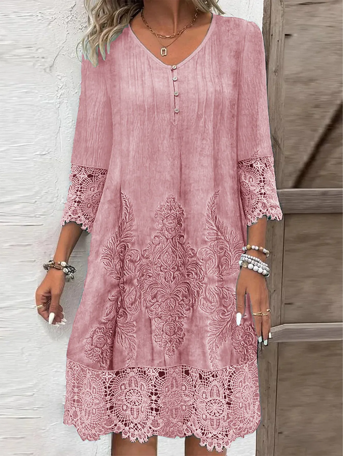 Color: Beige, Size: XL - Lace Printed Short Sleeved Button V-neck Women's Dress Elegant Casual Fashionable High Street Spring Dresses