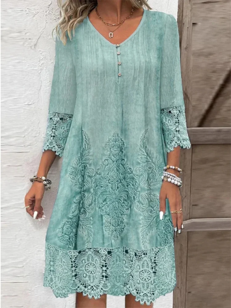 Color: Beige, Size: XL - Lace Printed Short Sleeved Button V-neck Women's Dress Elegant Casual Fashionable High Street Spring Dresses