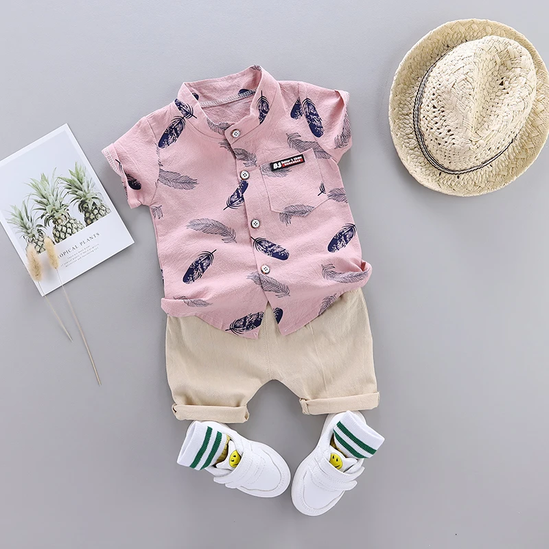 Color: Pink, Kid Size: 24M - 0-3 Year Old Baby Summer Feather Print Shirt Short Sleeve Suit