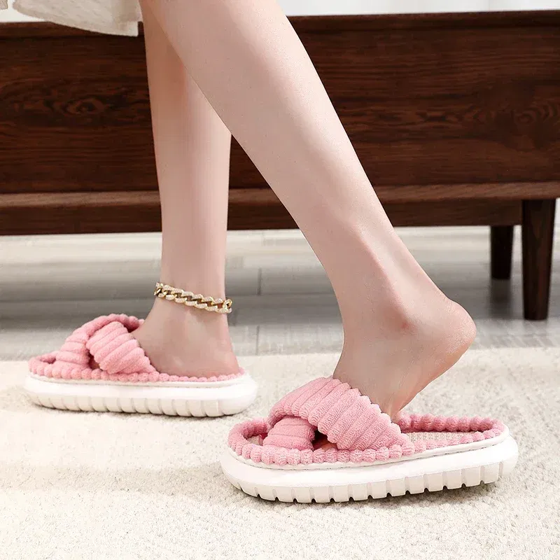 Color: Beige, Shoe Size: 3.5 - 2023 Autumn Winter New Women Home Slippers Open-Toe Cross Band Linen Soled Indoor Slides Linen Soled Non-Slip Bathroom Slippers