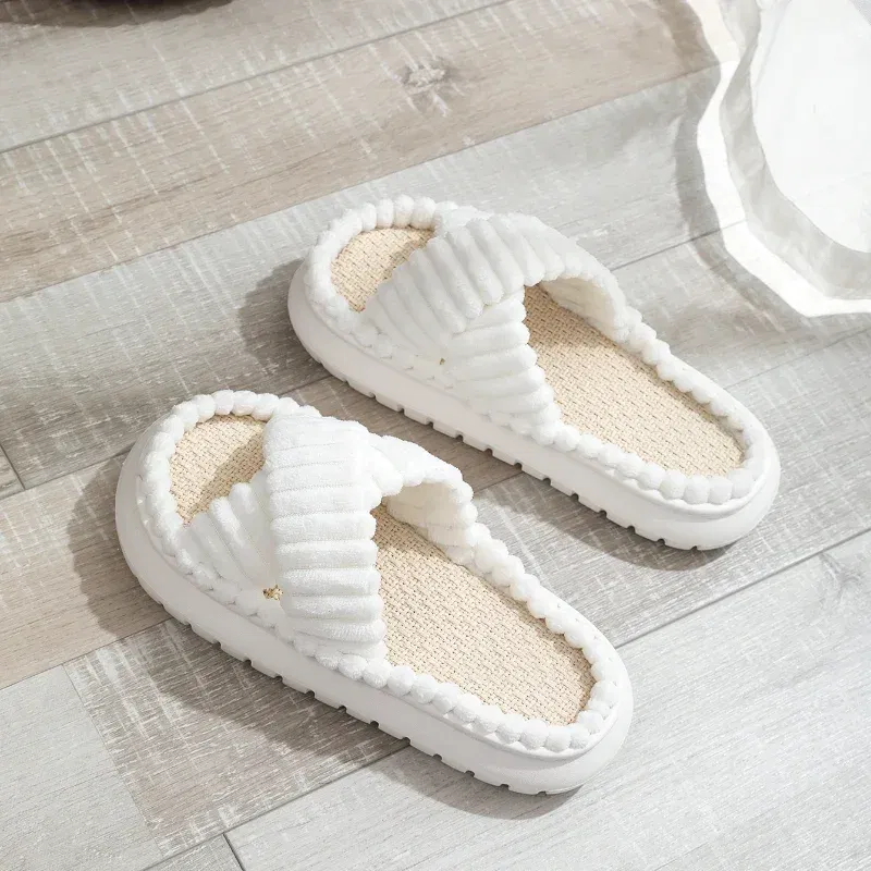 Color: Beige, Shoe Size: 3.5 - 2023 Autumn Winter New Women Home Slippers Open-Toe Cross Band Linen Soled Indoor Slides Linen Soled Non-Slip Bathroom Slippers