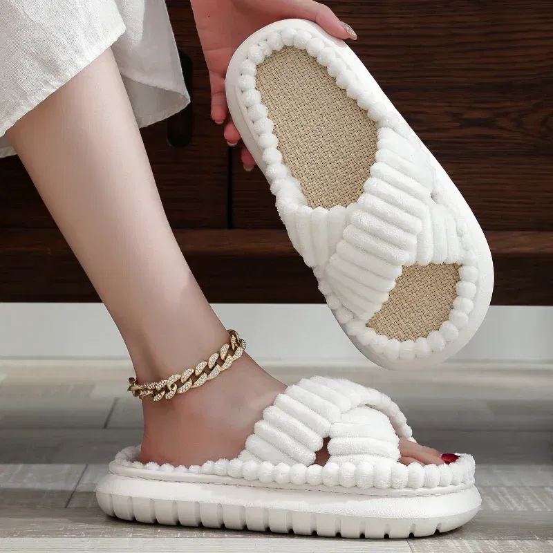 Color: Beige, Shoe Size: 3.5 - 2023 Autumn Winter New Women Home Slippers Open-Toe Cross Band Linen Soled Indoor Slides Linen Soled Non-Slip Bathroom Slippers