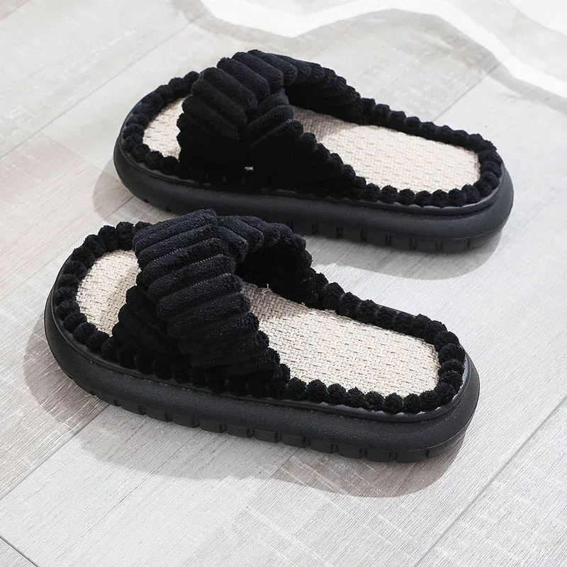 Color: Beige, Shoe Size: 3.5 - 2023 Autumn Winter New Women Home Slippers Open-Toe Cross Band Linen Soled Indoor Slides Linen Soled Non-Slip Bathroom Slippers