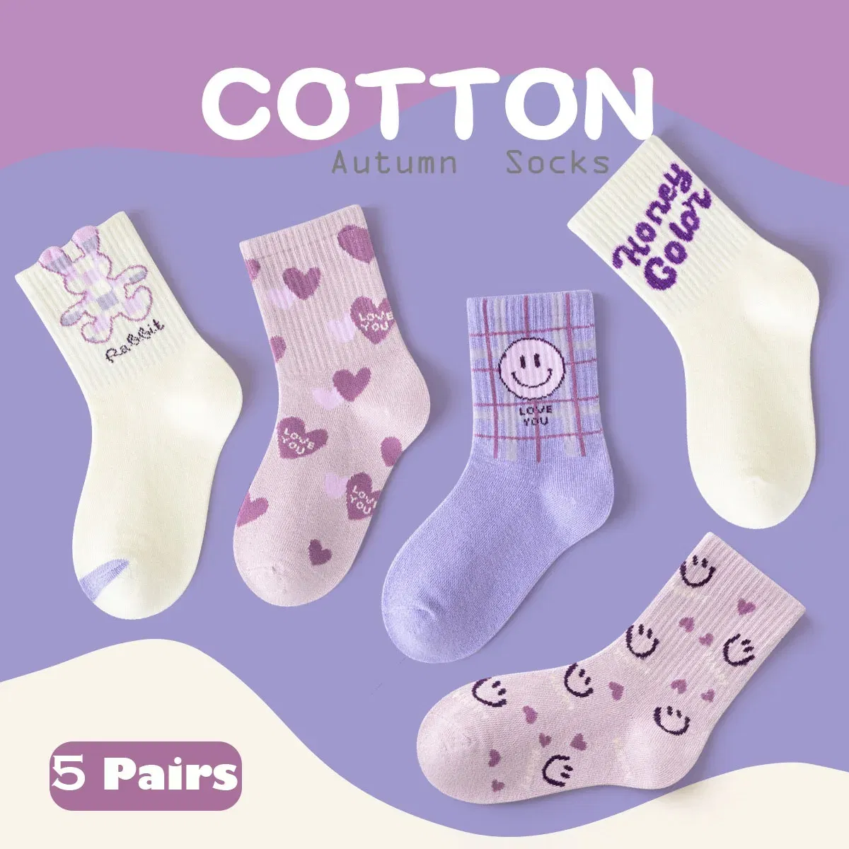 Color: black, Size: 10-12T - 5 Pairs Girls Socks Cotton Socks Spring Autumn Letter Pattern Calf Socks A Class Sporty Socks