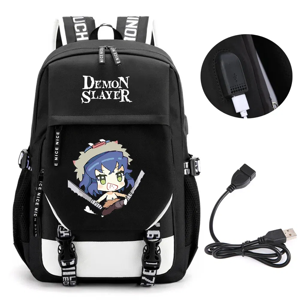Color: Silver - Anime Demon Slayer Kamado Nezuko Backpack School Book Bags Mochila Travel USB Port Bag Laptop Boy Girls Gift
