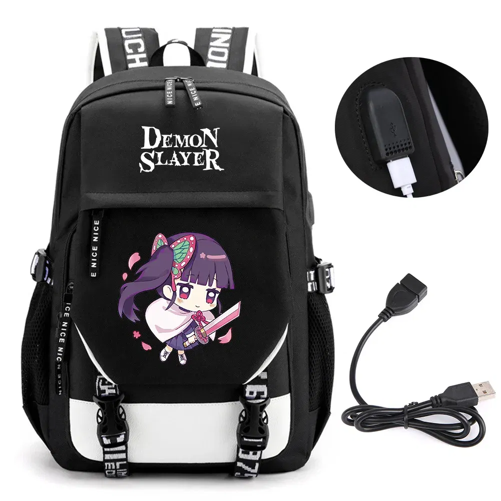 Color: Silver - Anime Demon Slayer Kamado Nezuko Backpack School Book Bags Mochila Travel USB Port Bag Laptop Boy Girls Gift