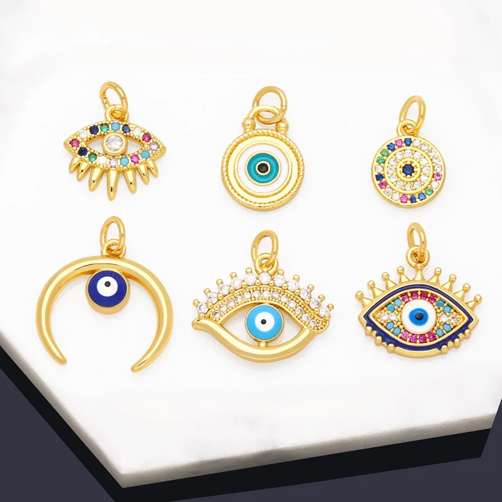 Metal color: VIOLET - OCESRIO Multicolor Little Turkish Eye Bracelet Earring Charm Copper Gold Plated CZ Evil Eye Jewelry Making Supplies chma180