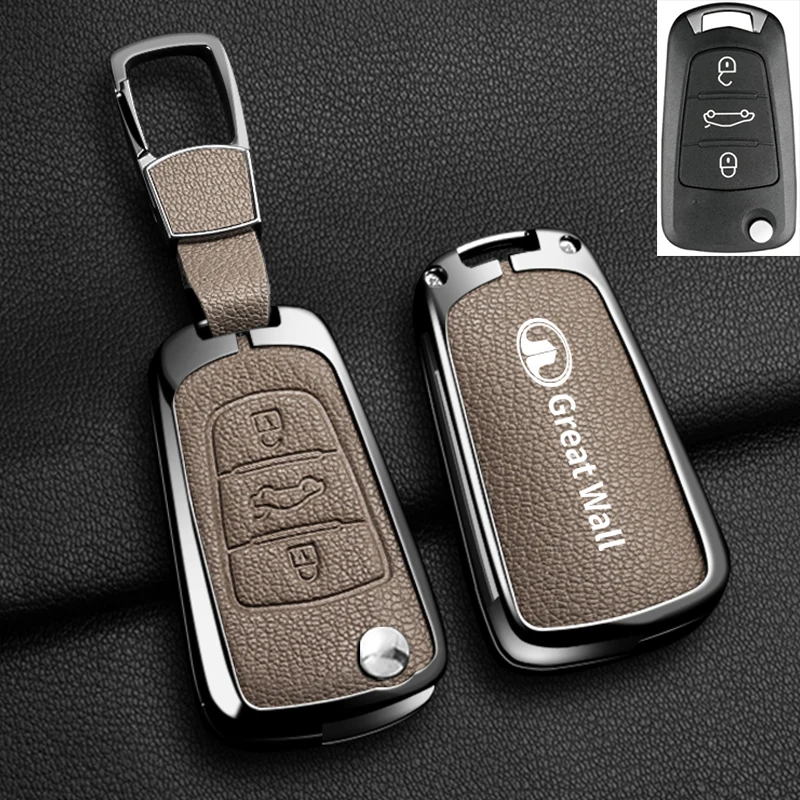 Color Name: GRAY - Alloy Car Key Case Cover For Great Wall Haval Hover Wingle 5 6 H3 H5 H6 H1 H3 C30 C50 M4 3Buttons Shell Bag Protector Keychain