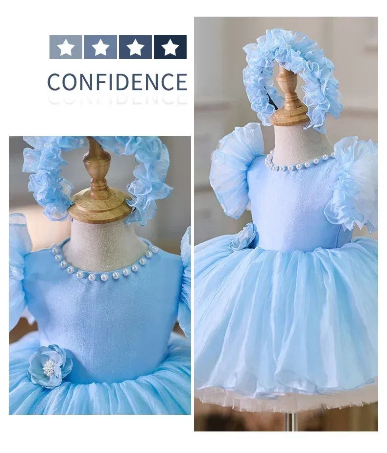 Kid Size: 2T, Color: Brown - 2025 Summer Baby Girls 1st Birthday Party Dress Toddler Kids Bow Fluffy Tutu Gown Flower Girls Blue Dresses For Wedding Ceremony