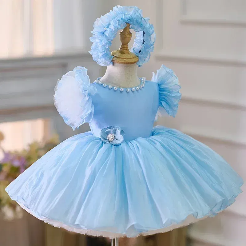 Kid Size: 2T, Color: Brown - 2025 Summer Baby Girls 1st Birthday Party Dress Toddler Kids Bow Fluffy Tutu Gown Flower Girls Blue Dresses For Wedding Ceremony