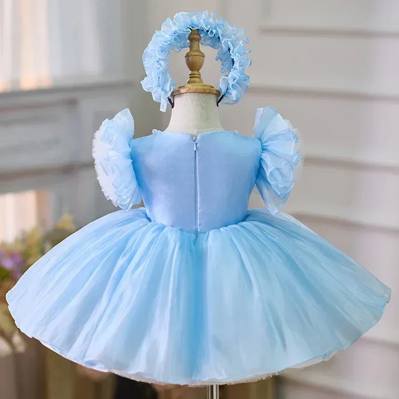 Kid Size: 2T, Color: Brown - 2025 Summer Baby Girls 1st Birthday Party Dress Toddler Kids Bow Fluffy Tutu Gown Flower Girls Blue Dresses For Wedding Ceremony