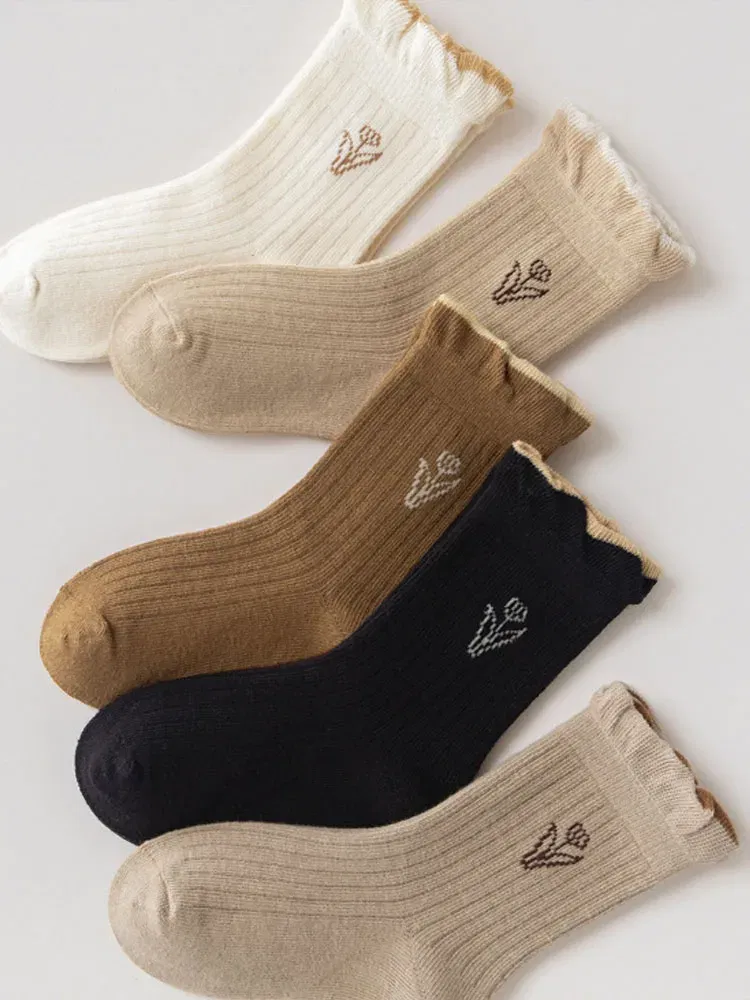 Color: GRAY, Size: 4-6T - 3-12Y Girls Socks Spring Autumn Sweet princess Ruffle Medium Socks Cotton Socks 5 Pairs