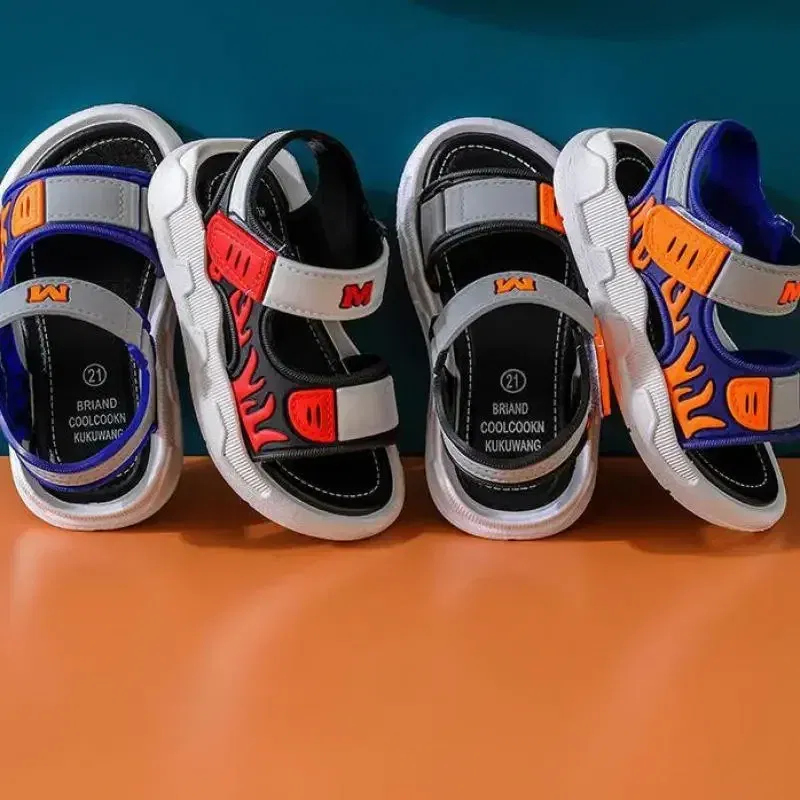 Color: Blue, Shoe Size: 35 - Baby Sandals Flame Pattern Boy Sandals Soft Sole Anti-slip Boys Girls Children Shoes